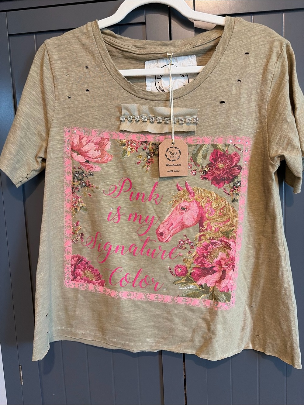 A rare bird Olive Green Tee with Pink Horse Graphic